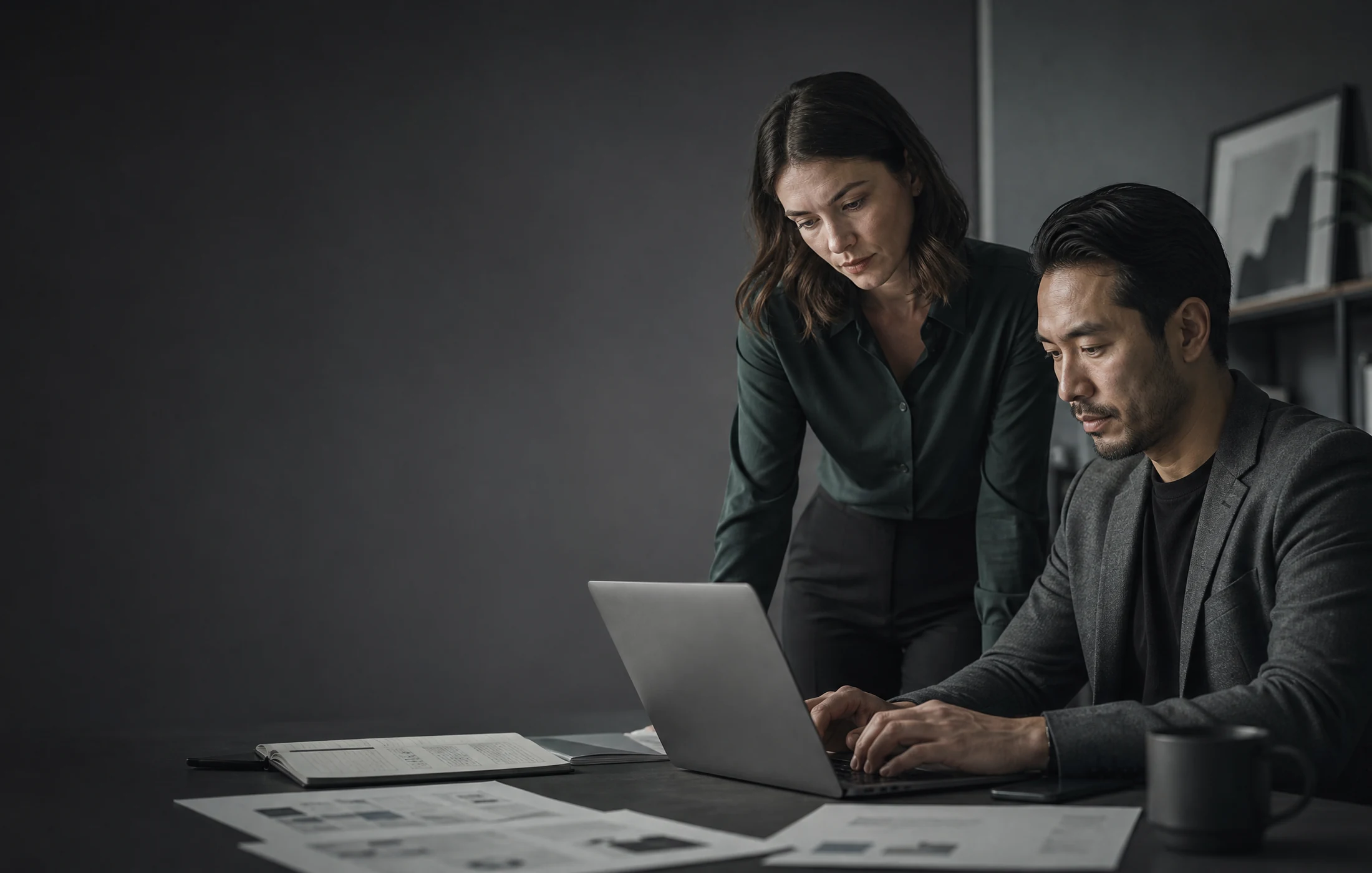 A professional using an internal knowledge system while collaborating with a colleague.