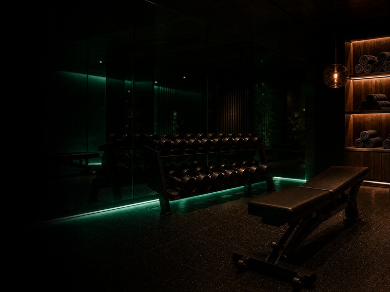 Boutique fitness studio after hours with dumbbell rack and bench — Fitness, Wellness & Personal Care, Altavex