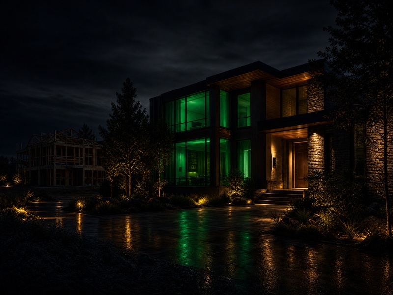 New model home at night with construction of a neighboring home in the background — Real Estate & Home Builders, Altavex