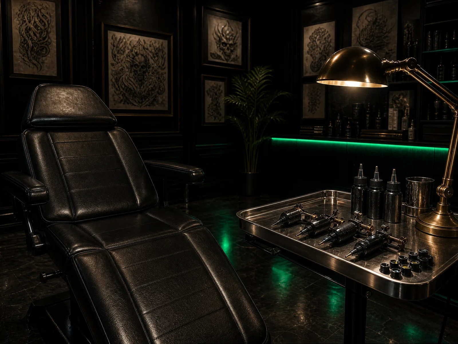 Tattoo studio after hours with tattoo chair and sterile tool tray — Tattoo & Piercing, Altavex