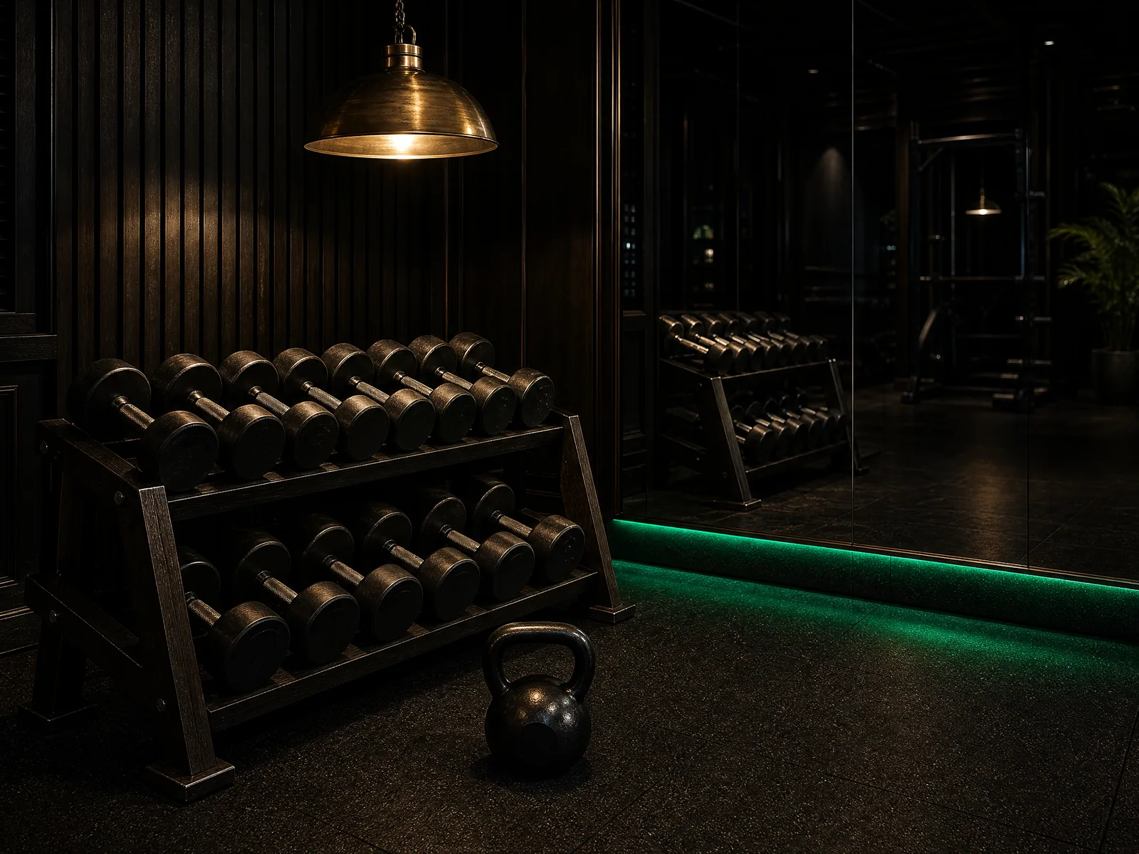 Boutique fitness studio after hours with dumbbell rack and bench — Fitness, Wellness & Personal Care, Altavex