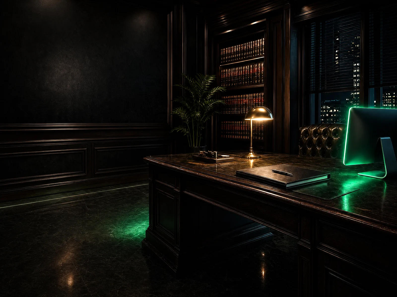 Insurance agency office after hours with policy binder and desk lamp — Insurance, Altavex